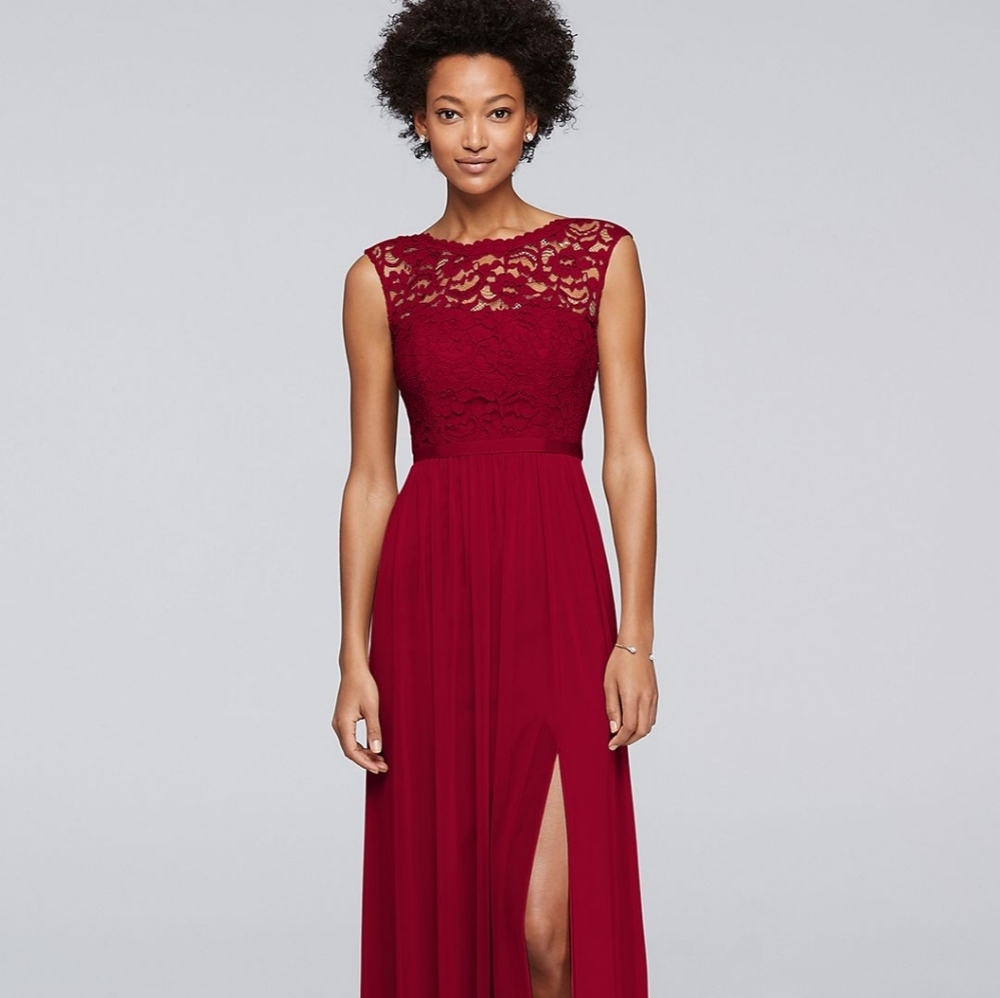David's Bridal Apple Red Bridesmaid Dress